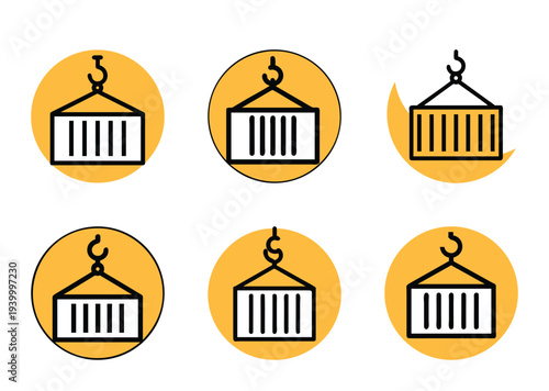 Shipping Container Icons in Varied Styles Presented on Yellow Circular Backgrounds