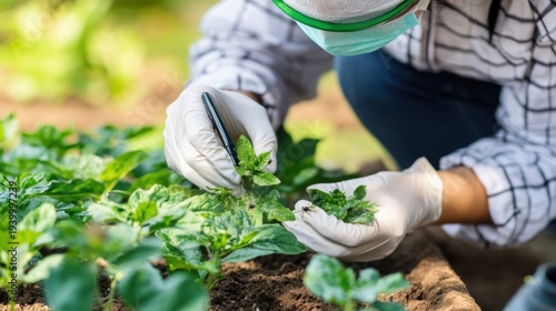 Farmer Inspects Plants for Pests in Agricultural Field