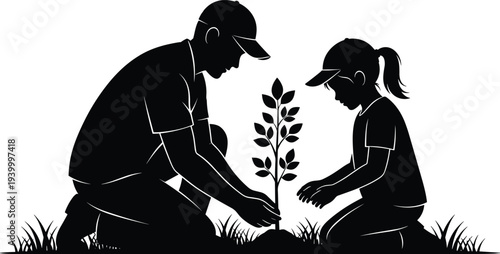 Silhouette illustration of adult and child planting tree together, environmental conservation, family teamwork, nature care, sustainability, education, flavector