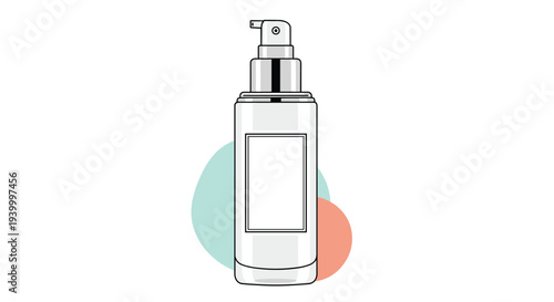 Minimalist illustration of a white skincare pump bottle set against soft pastel teal and coral abstract circles.