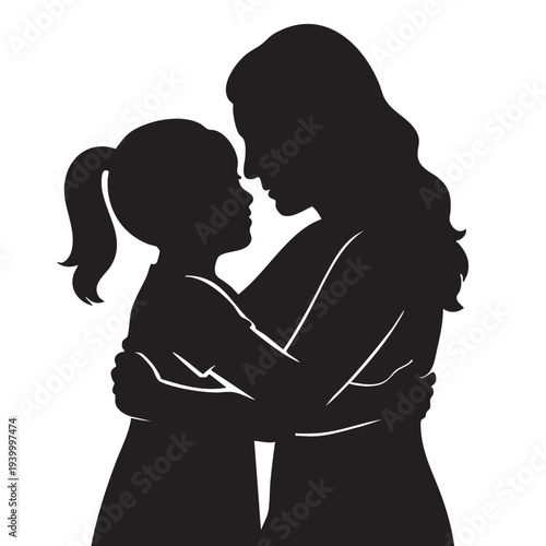 Loving mother and daughter hugging silhouette vector illustration, happy mothers day concept