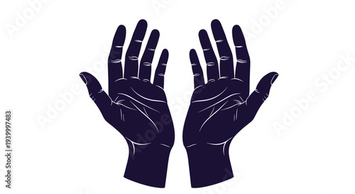 Symmetrical dark blue silhouette of two open human hands held upwards in a gesture of receiving, giving, or prayer.