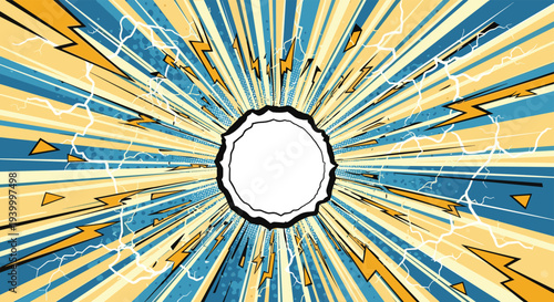 Dynamic comic book explosion background with yellow lightning bolts, blue rays, and a white circular speech bubble.
