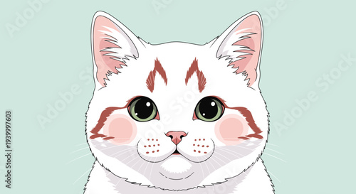 Cute illustration of a white cat face with orange markings and large green eyes looking forward on a mint background.