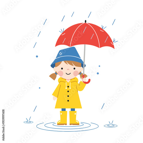 Child Smiling with Red Umbrella Enjoying Rainy Spring Day Outdoors