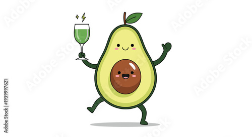 Cheerful cartoon avocado character holding a glass of healthy green juice and dancing with a joyful and happy expression.