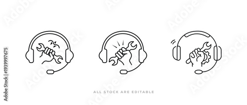 Technical support service icon with Headset Line Icon and wrench line art. vector illustration