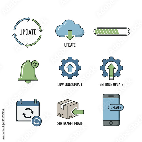 Collection of update icons including gear, cloud, bell, and a smartphone