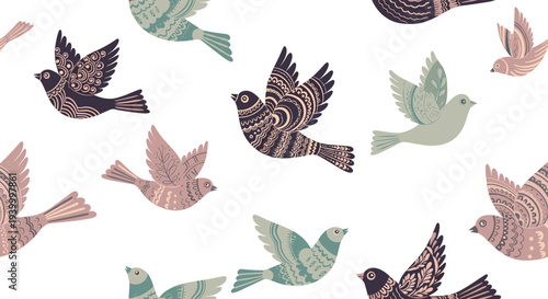 Beautiful seamless pattern of stylized birds decorated with intricate folk art patterns in muted earth tones on white.