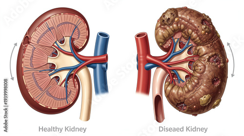 Comparison of a healthy kidney and a diseased kidney showing structural differences, damage, and abnormalities in the diseased organ