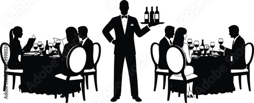 Silhouette illustration of fine dining restaurant scene with waiter serving wine, elegant social gathering vector artwork for hospitality, lifestyle – flavector