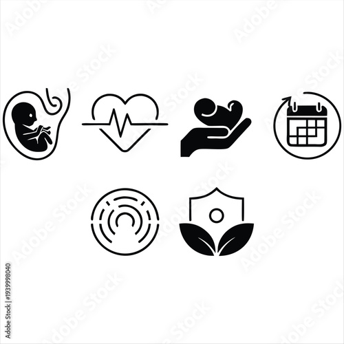 Collection of black line icons illustrating pregnancy, fetal development, and healthcare.