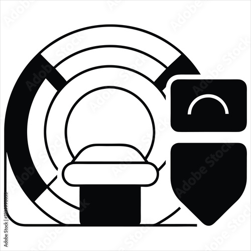 Cohesive black line vector illustration of a CT scan machine and monitor for medical diagnostics.
