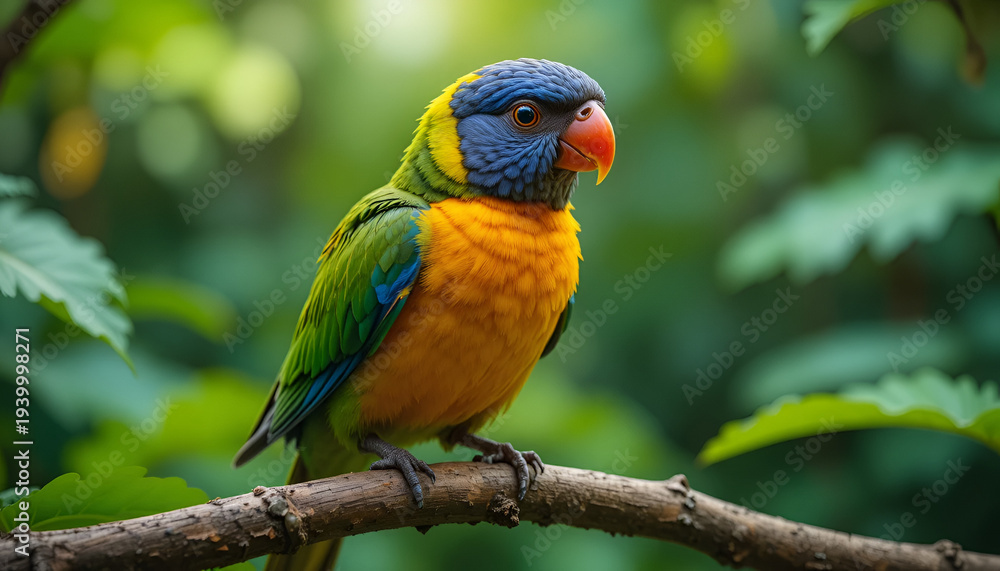 Fototapeta premium Vibrant rainbow lorikeet bird with brilliant blue head and orange chest perches attentively upon a thick tree branch amidst dense green jungle foliage.