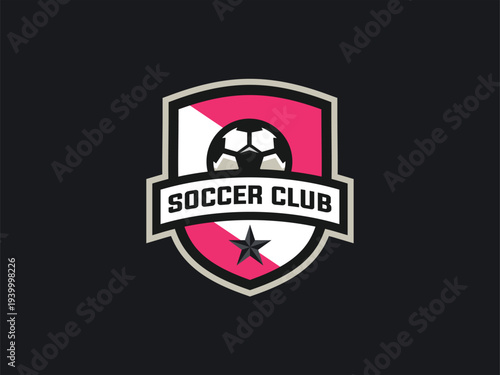 Soccer club badge shield template. Professional sports crest with bold diagonal line and star element. Ideal for football team logos, athletic branding, and tournament identity.