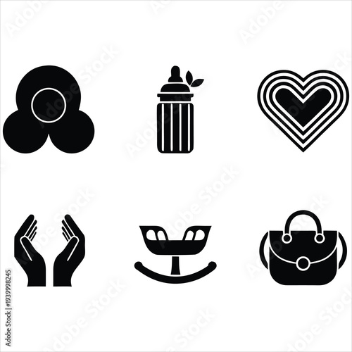 Motherhood and childcare icons: flower, baby bottle, heart, hands, cradle, and bag.