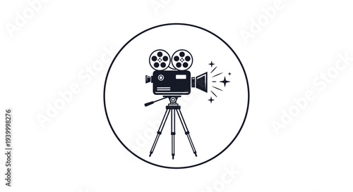 Vintage movie camera silhouette icon on a tripod surrounded by a circle with sparkles representing classic cinema and film production.