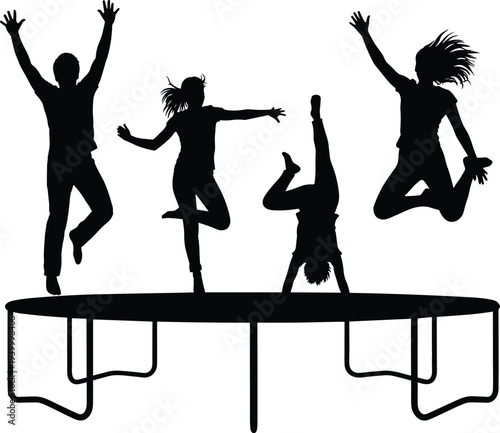 Trampoline silhouette illustration, four people jumping, acrobatic poses, dynamic movement, recreational activity, fun energy, family playtime, fitness concept, flavector