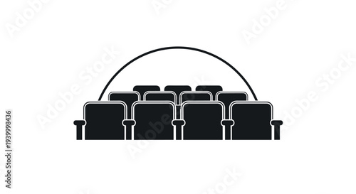 Black silhouette icon of movie theater seating rows under a curved screen dome on a white background representing a cinema interior.