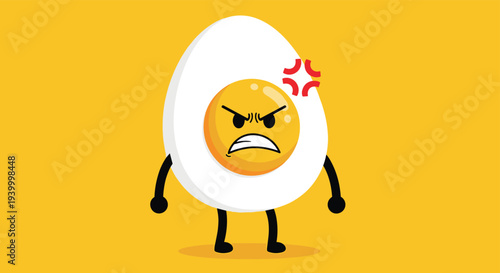 Cute cartoon character of a boiled egg with an angry face expression and red stress symbols on a vibrant yellow background.