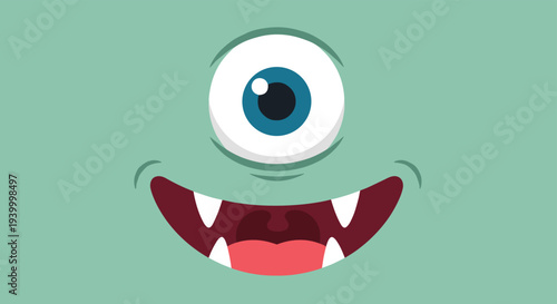 Close up of a green one eyed monster face with a wide toothy grin and sharp fangs in a fun and colorful flat cartoon illustration style.
