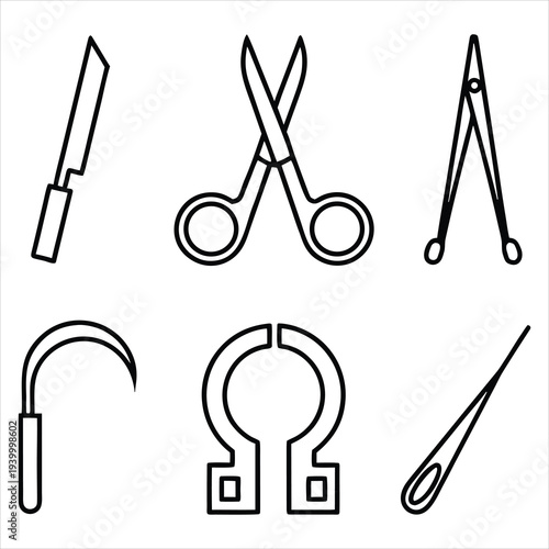Surgical tools line icons: scalpel, scissors, forceps, clamp, and other medical instruments.