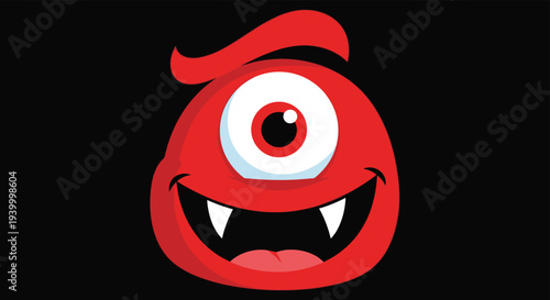 Friendly red one eyed monster character face with a big wide smile and sharp white teeth against a solid black background for kids.