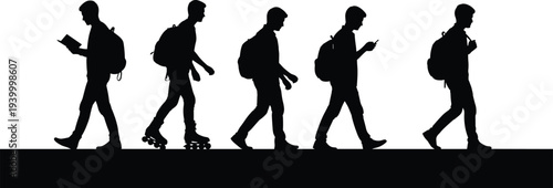 Walking silhouette illustration, five people, backpacks, rollerblades, smartphones, reading book, technology distraction, modern lifestyle, progression concept, flavector