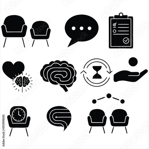 Therapy session icons: chairs, speech bubble, brain, hourglass, and hand symbols.