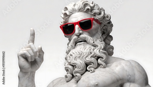 Ancient Greek statue with red sunglasses pointing finger isolated white background