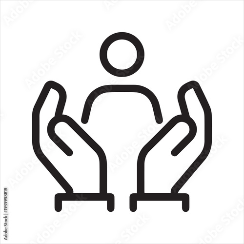 Thin Outline Icon Two Hands Holding Figurine Man or Hands Hugging Person Symbol. Line Sign Gesture Compassion Support, Protect Care helping, Caring Hands Vector Isolated Pictogram on White Background.