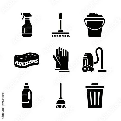 Collection of black cleaning icons representing various household chores and tools on a transparent background, showcasing 68.svg style