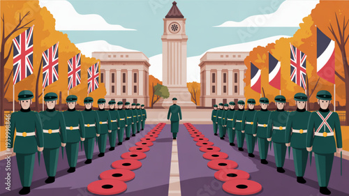 Soldiers in green uniforms marching with flags and poppy wreaths on remembrance day in front of government buildings