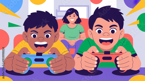 Two boys excitedly playing video games with a girl watching in the background in a colorful room with abstract shapes