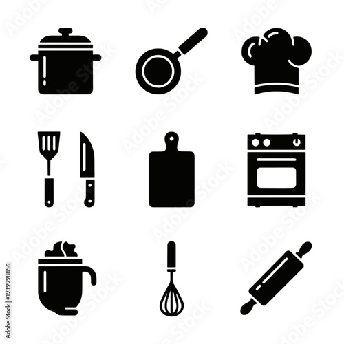 Collection of cooking utensils and kitchen appliances displayed in a grid arrangement on a clean background viewed from directly above