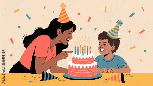 Mother and son celebrating birthday together with cake and party hats in a joyful atmosphere with colorful confetti