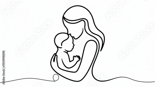 Mother holding newborn baby in arms minimalist line art illustration of love and care