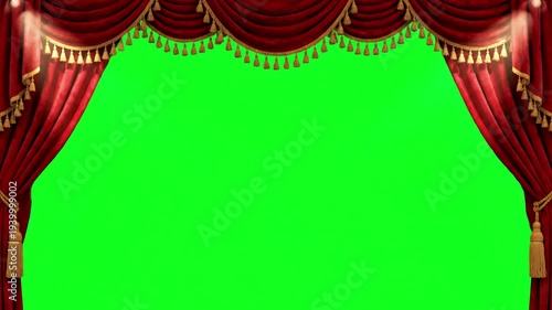 Green Screen red velvet theater curtains in motion opening and closing with chroma key scene 3 distortion, overlay, glitch, static noise, scan lines on black background, 4k animated video loop