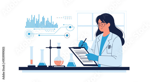Scientist analyzing data and conducting experiment in laboratory with equipment