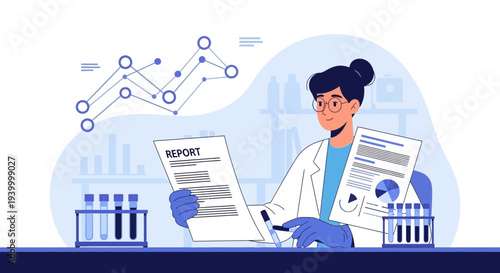 Scientist analyzing data and reports in a modern laboratory with test tubes and charts