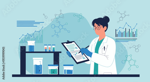 Scientist Analyzing Data and Samples in a Modern Laboratory with Chemical Structures