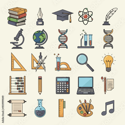 Collection of various school and scientific icons, arranged neatly on a background