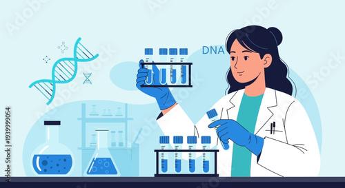 Scientist Analyzing DNA Helix in Laboratory with Test Tubes and Flasks