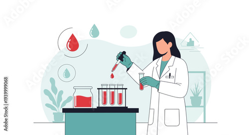 Scientist conducting blood test in laboratory, analyzing samples in test tubes