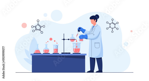 Scientist Conducting Chemical Experiment in Laboratory with Beakers and Flasks