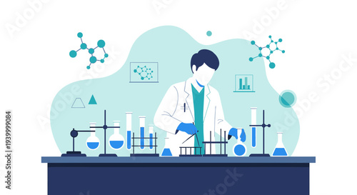 Scientist Conducting Chemical Experiment in Laboratory with Molecular Structures and Graphs