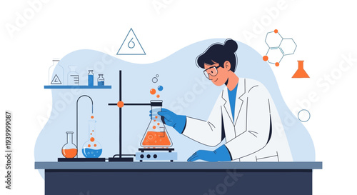 Scientist Conducting Chemical Experiment in Laboratory, Flasks and Bubbles