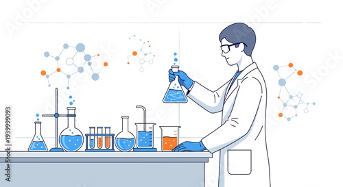 Scientist Conducting Chemical Experiment in Laboratory with Molecular Structures