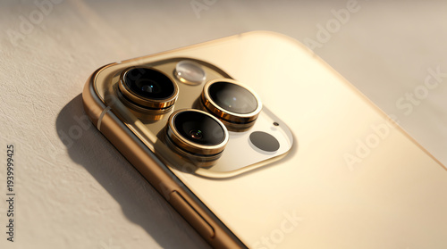 Close-up of a gold smartphone showing the triple camera system with lenses and flash on the back, highlighting the sleek design and modern mobile photography features