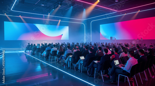 A large audience attends a modern conference in a spacious, dimly lit hall with vibrant blue and pink lighting and digital screens, while some participants use laptops